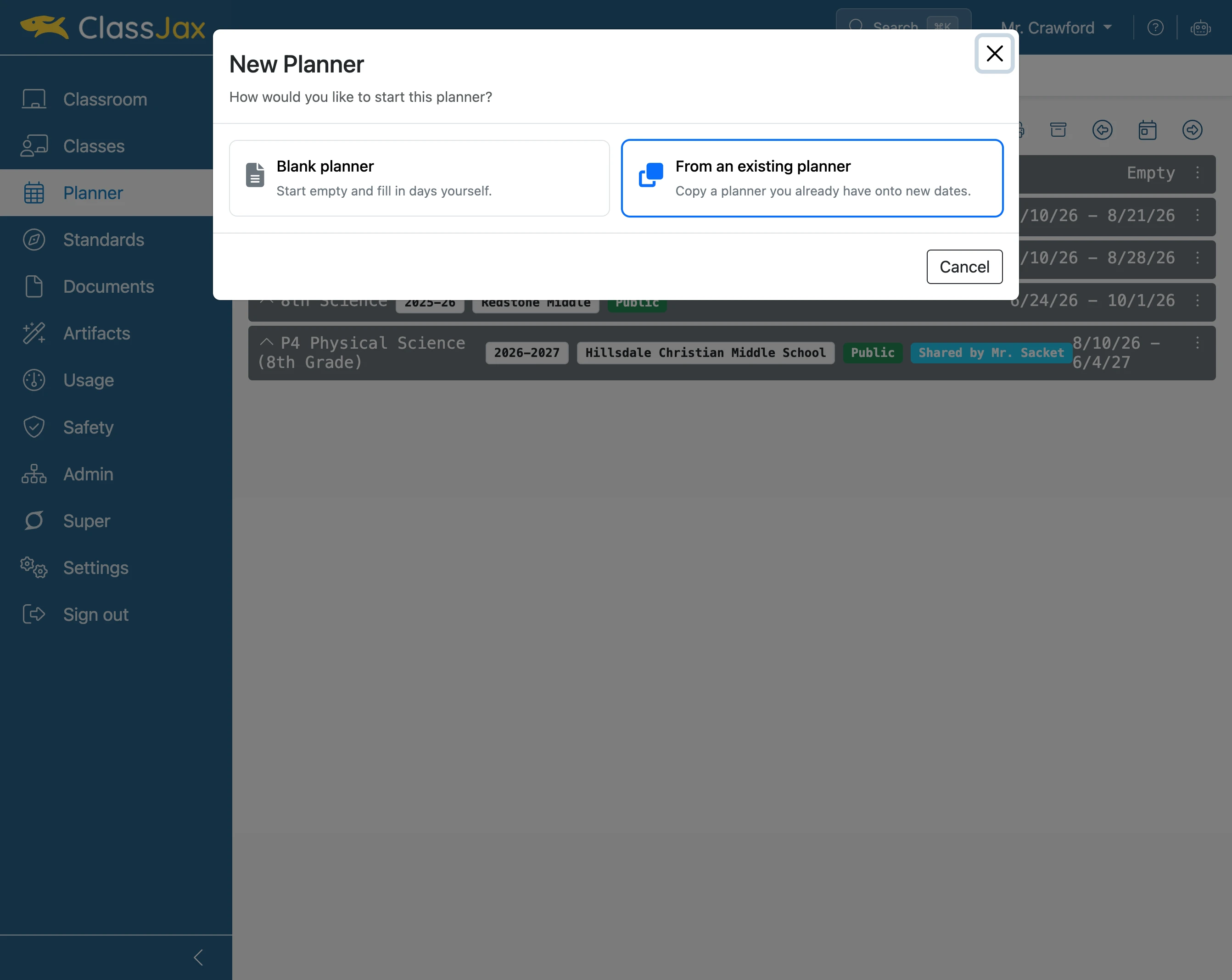 Click 'From an existing planner'