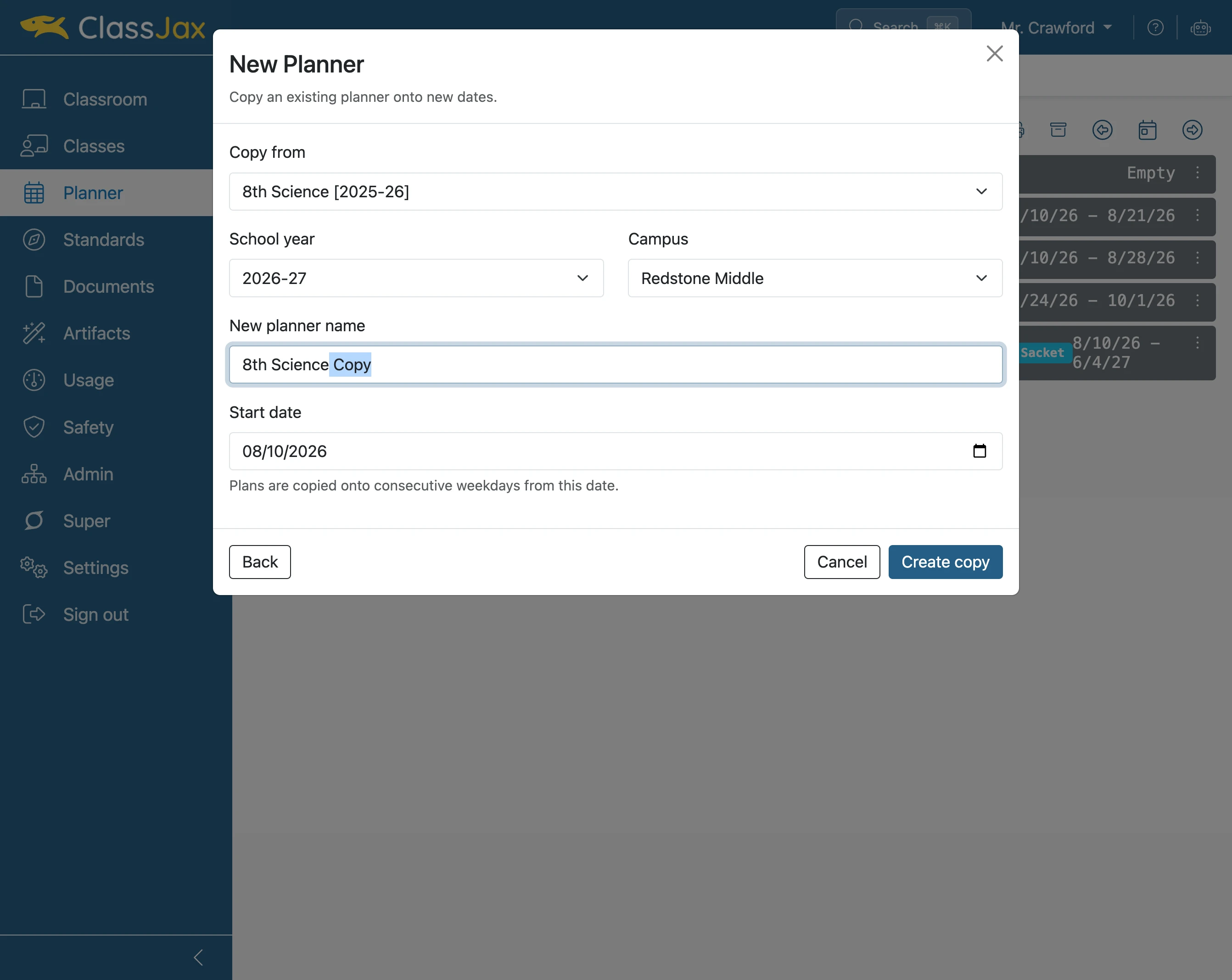 Modify the new planner's name