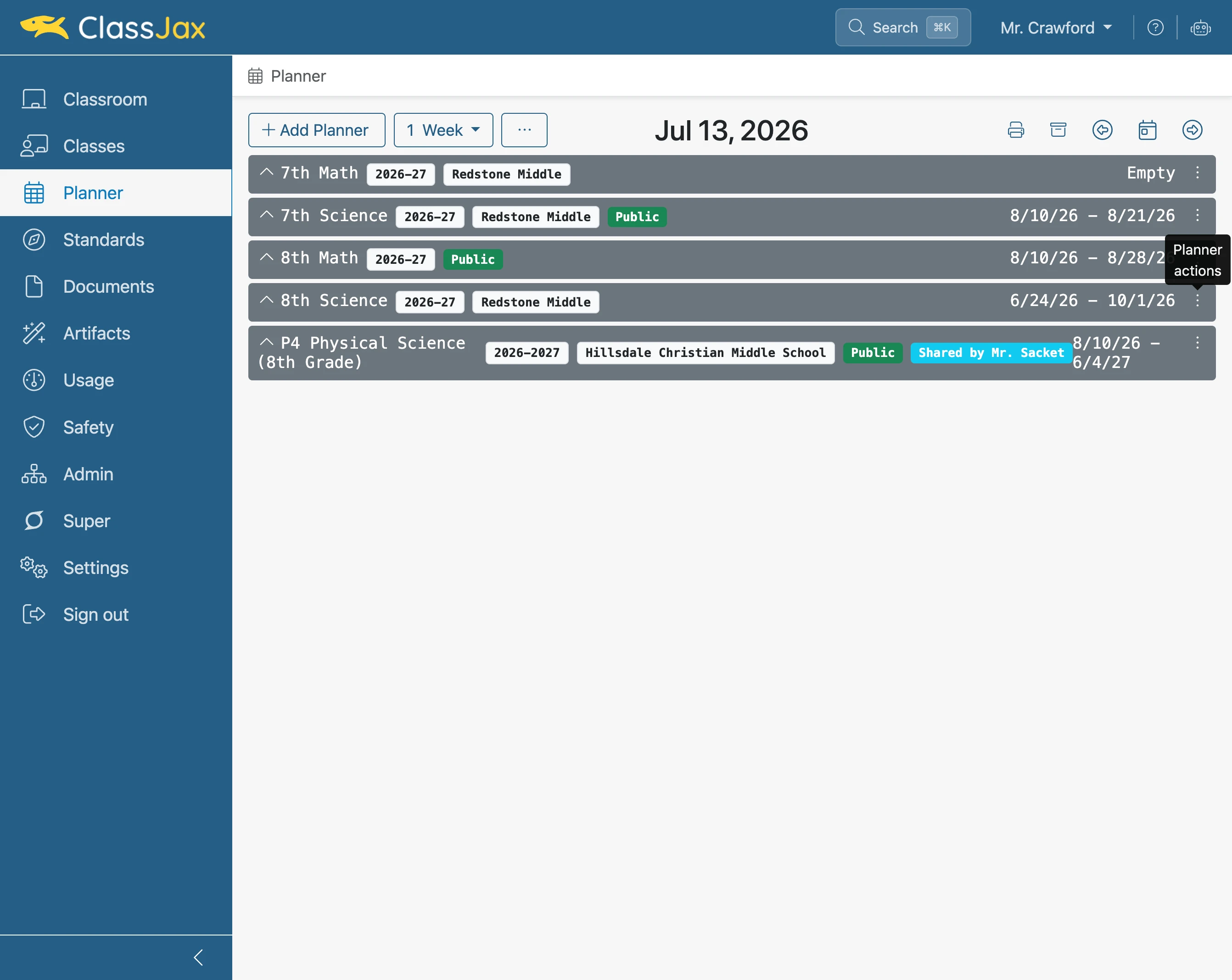 Click 'Planner actions'