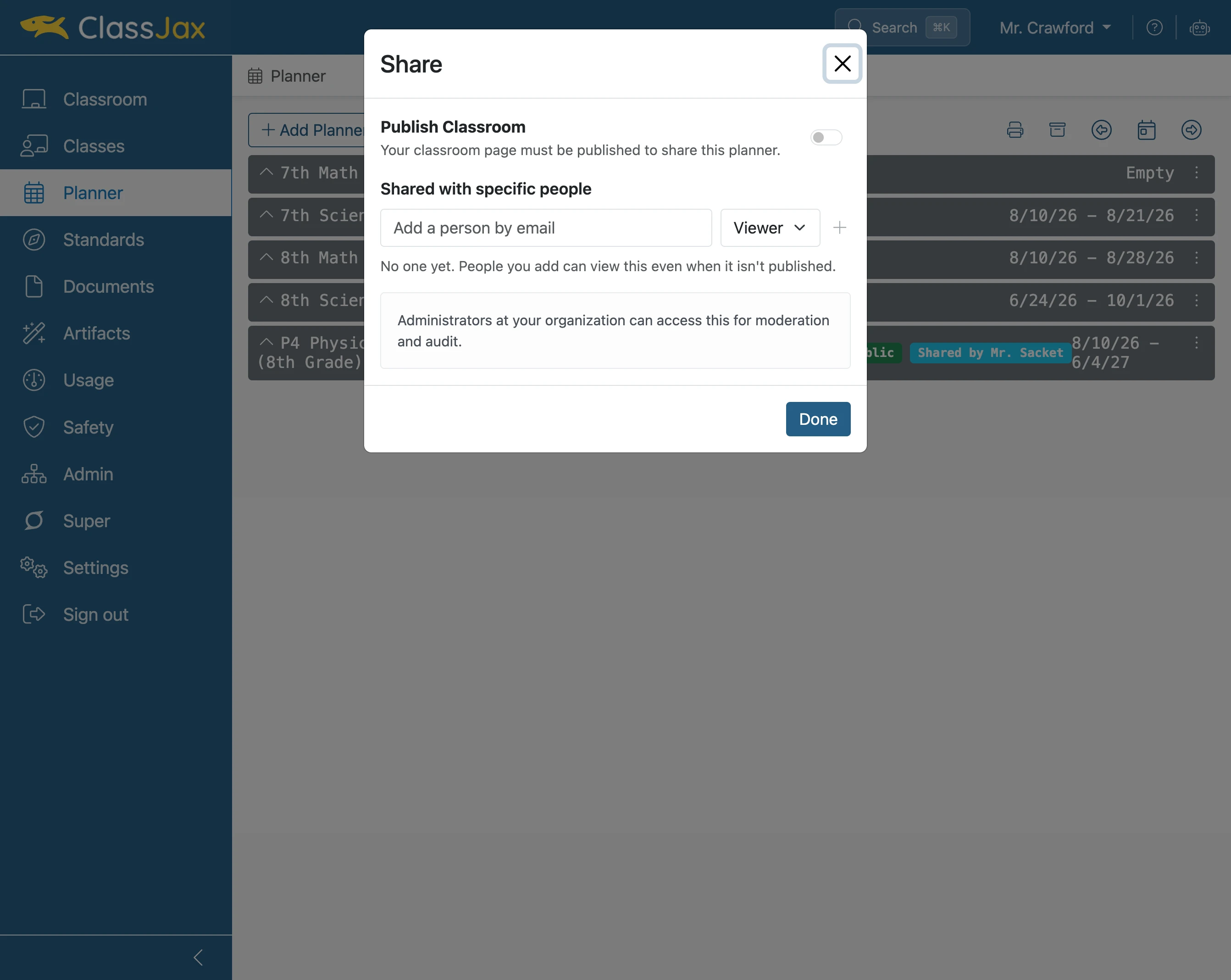 Click 'Publish Classroom' toggle