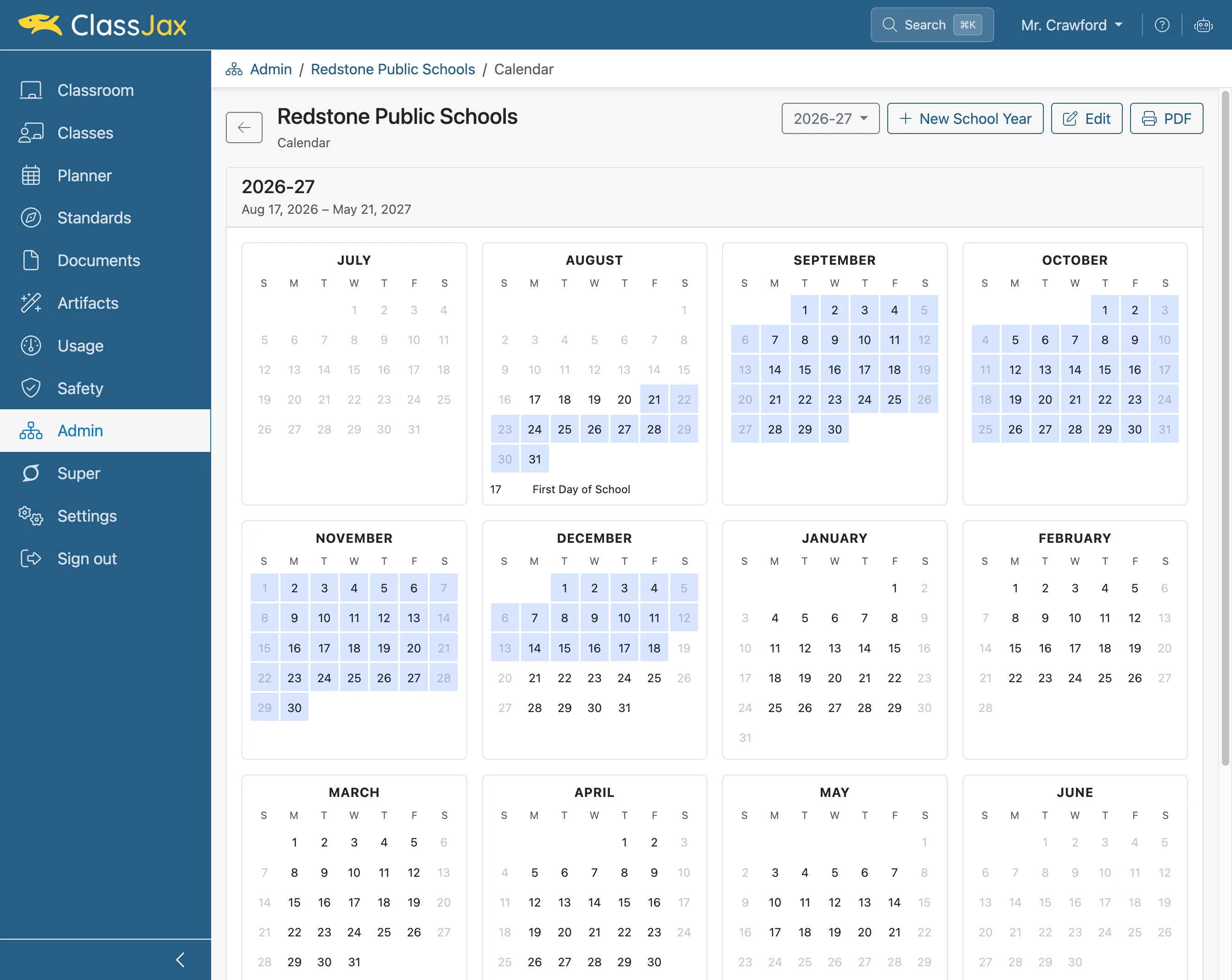 Select the 1st Semester dates