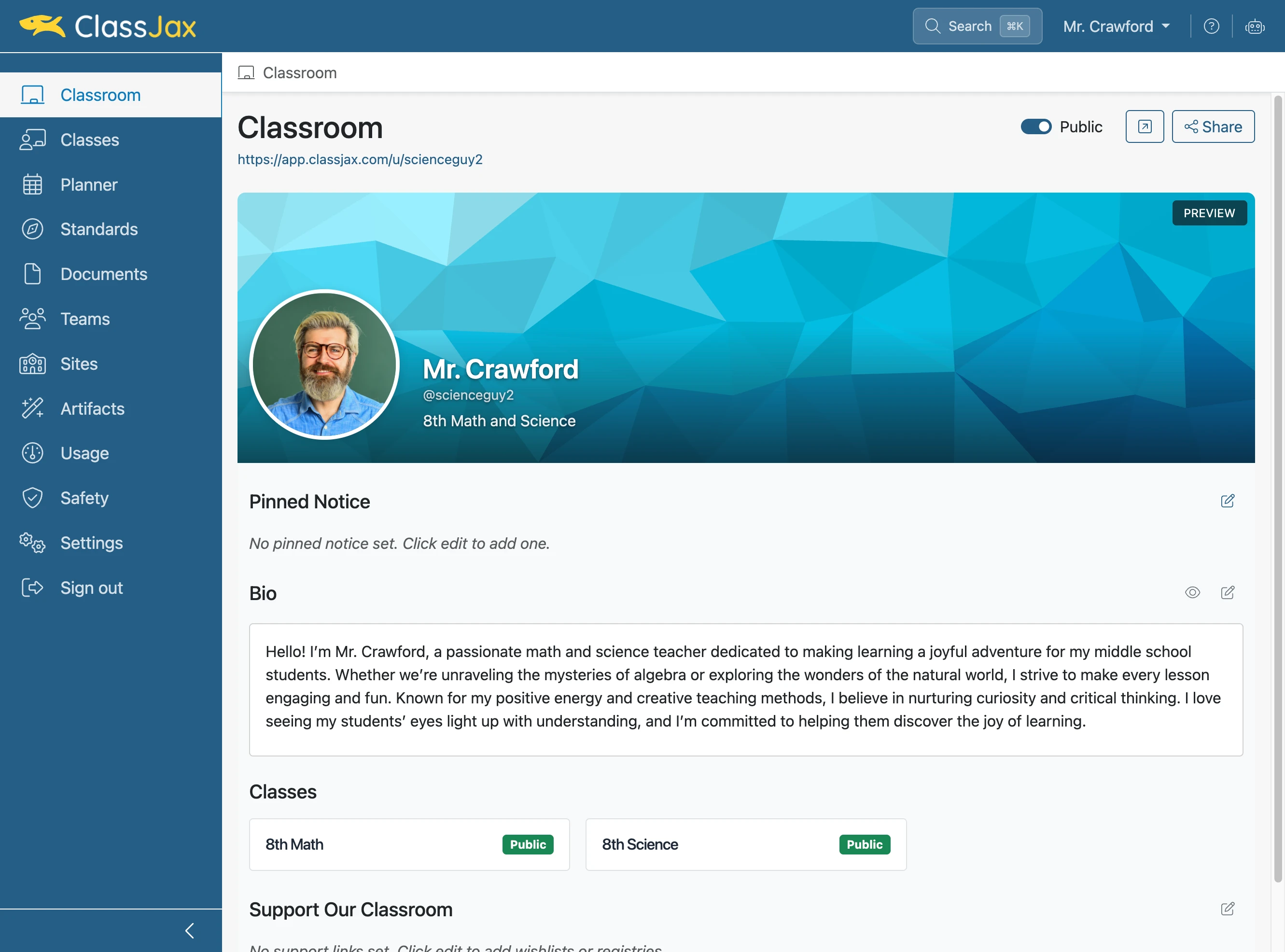 Click 'Edit pinned notice' to change the classroom notice