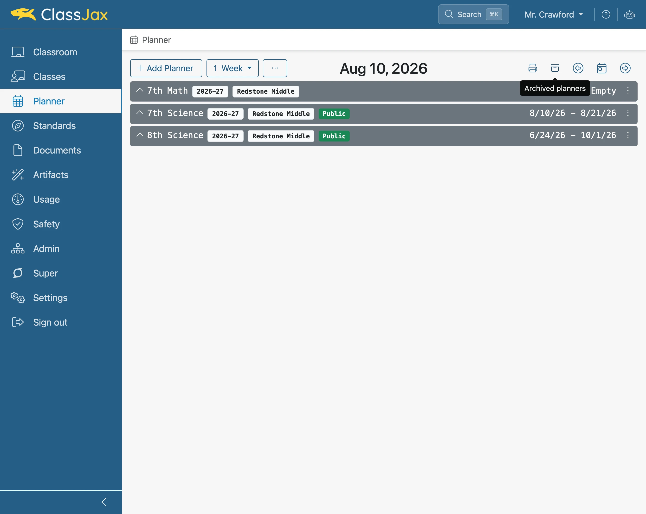 Click the 'Archived planners' icon to unarchive a planner