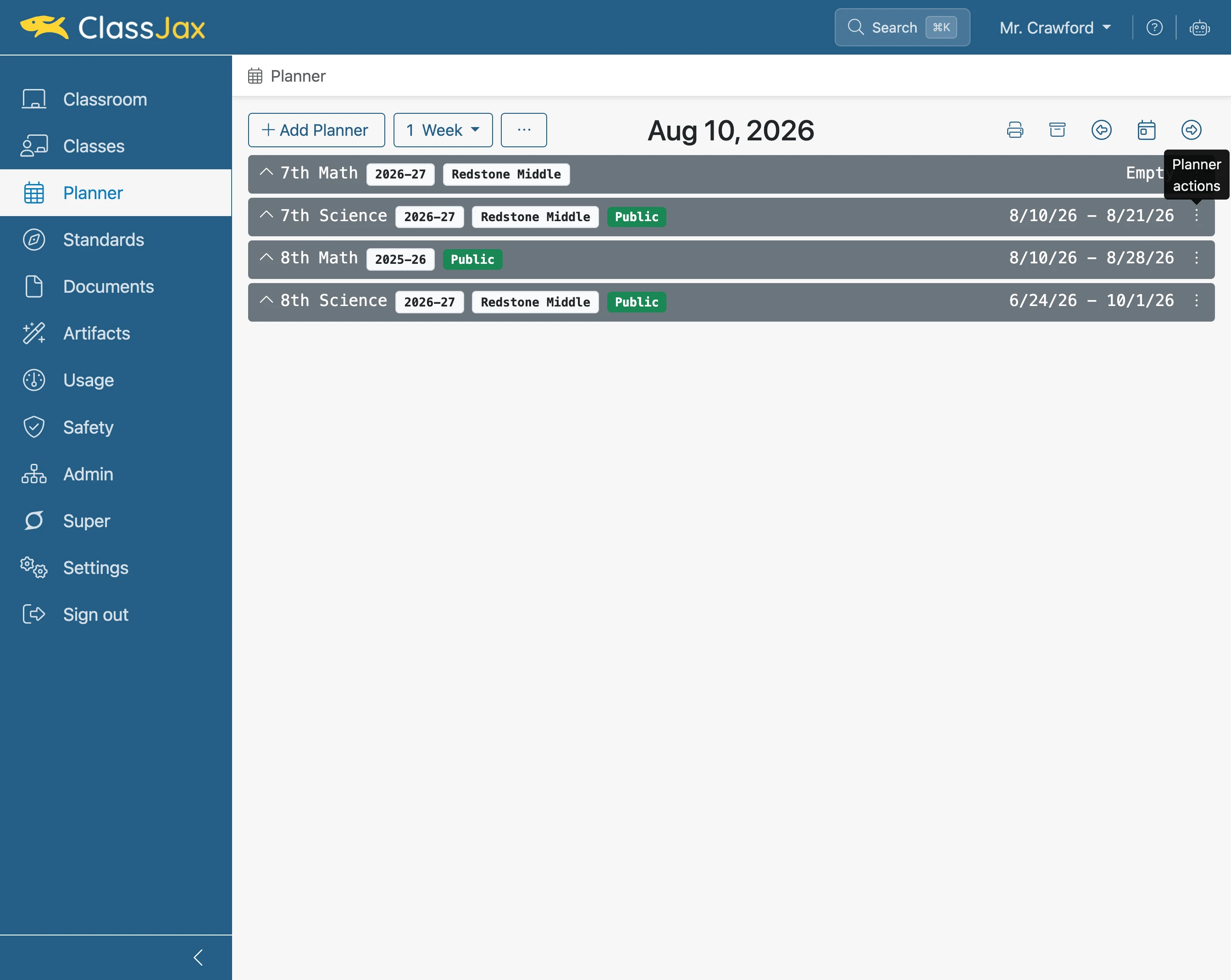 Click 'Planner actions' on any planner