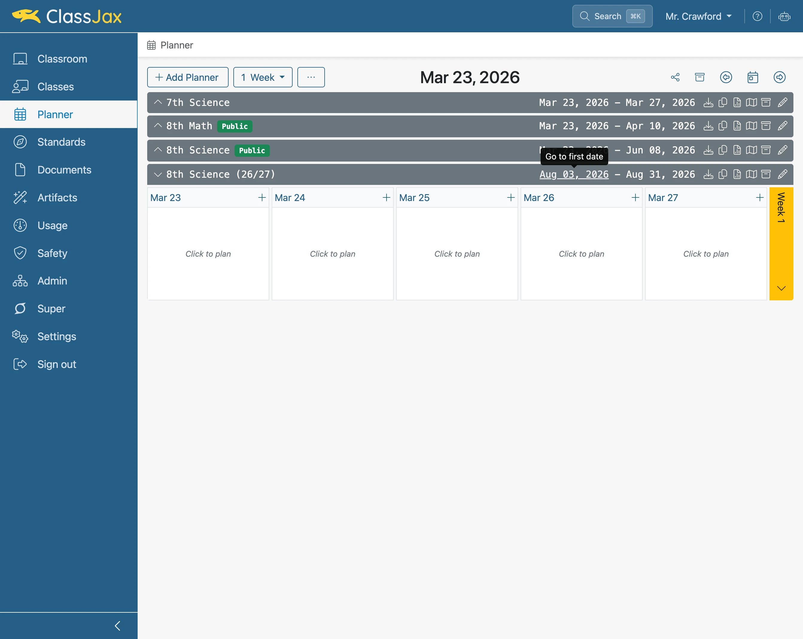 Click the 'start date' link to the new Planner
