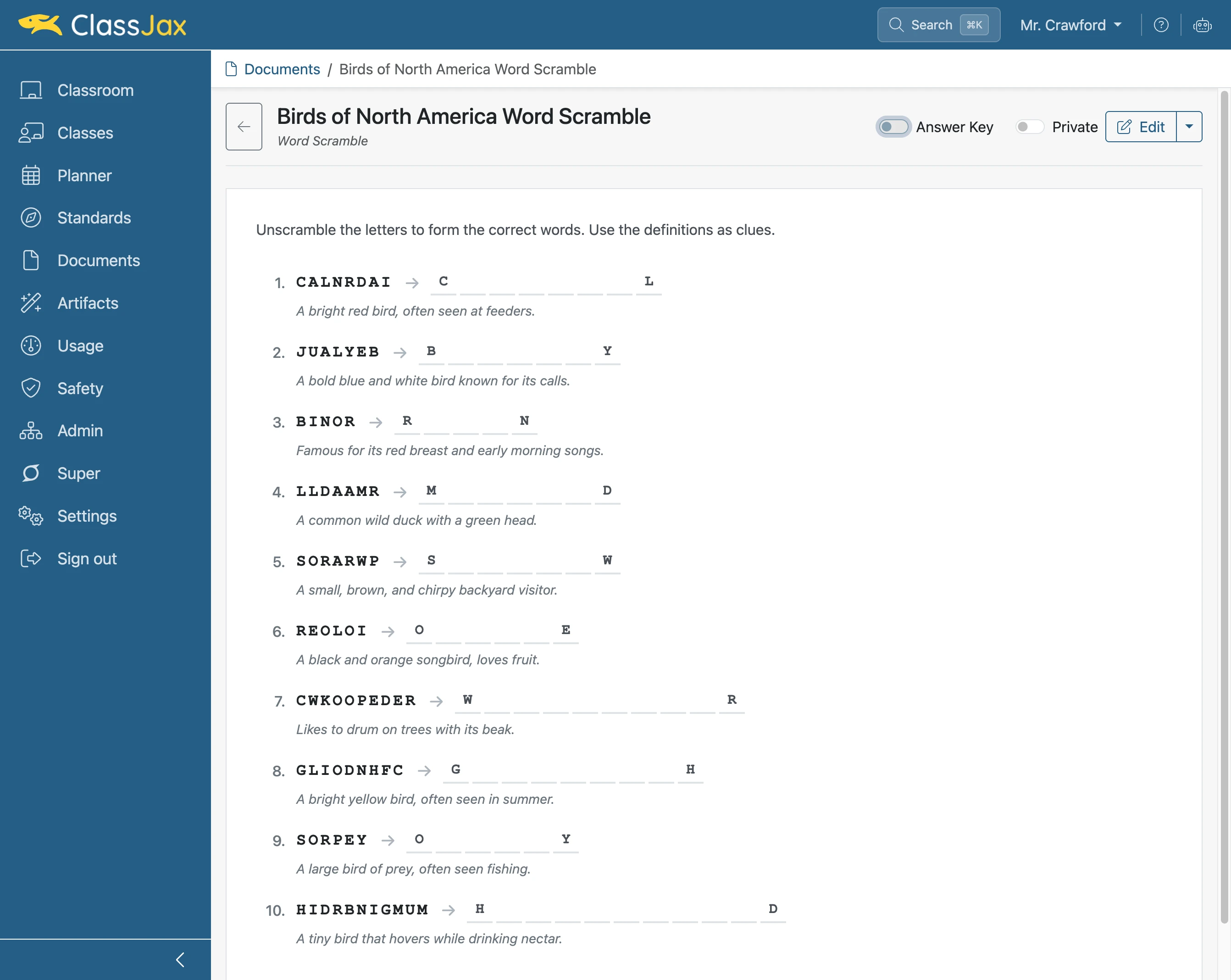Click the 'Answer Key' slider