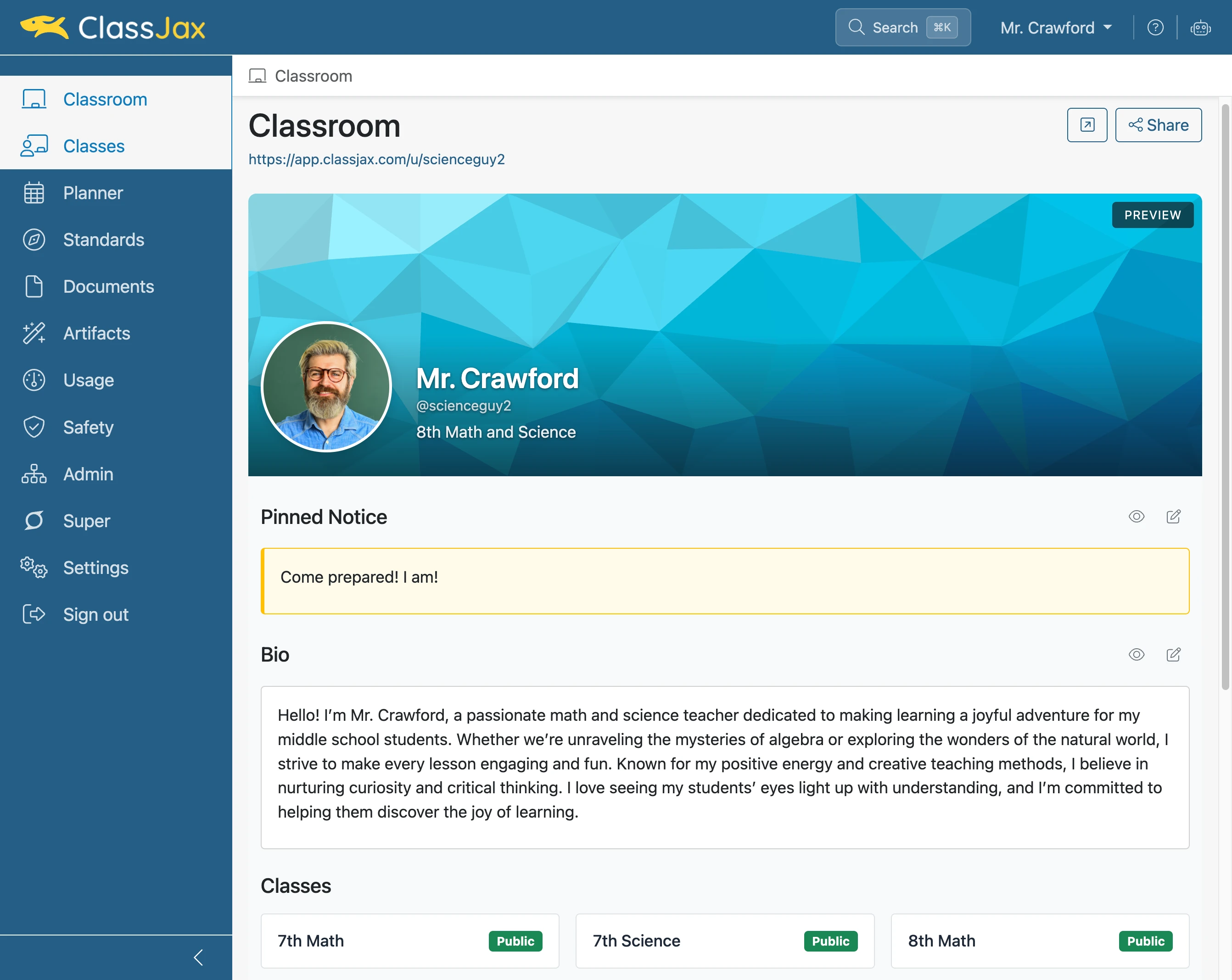 Click the 'Classes' link