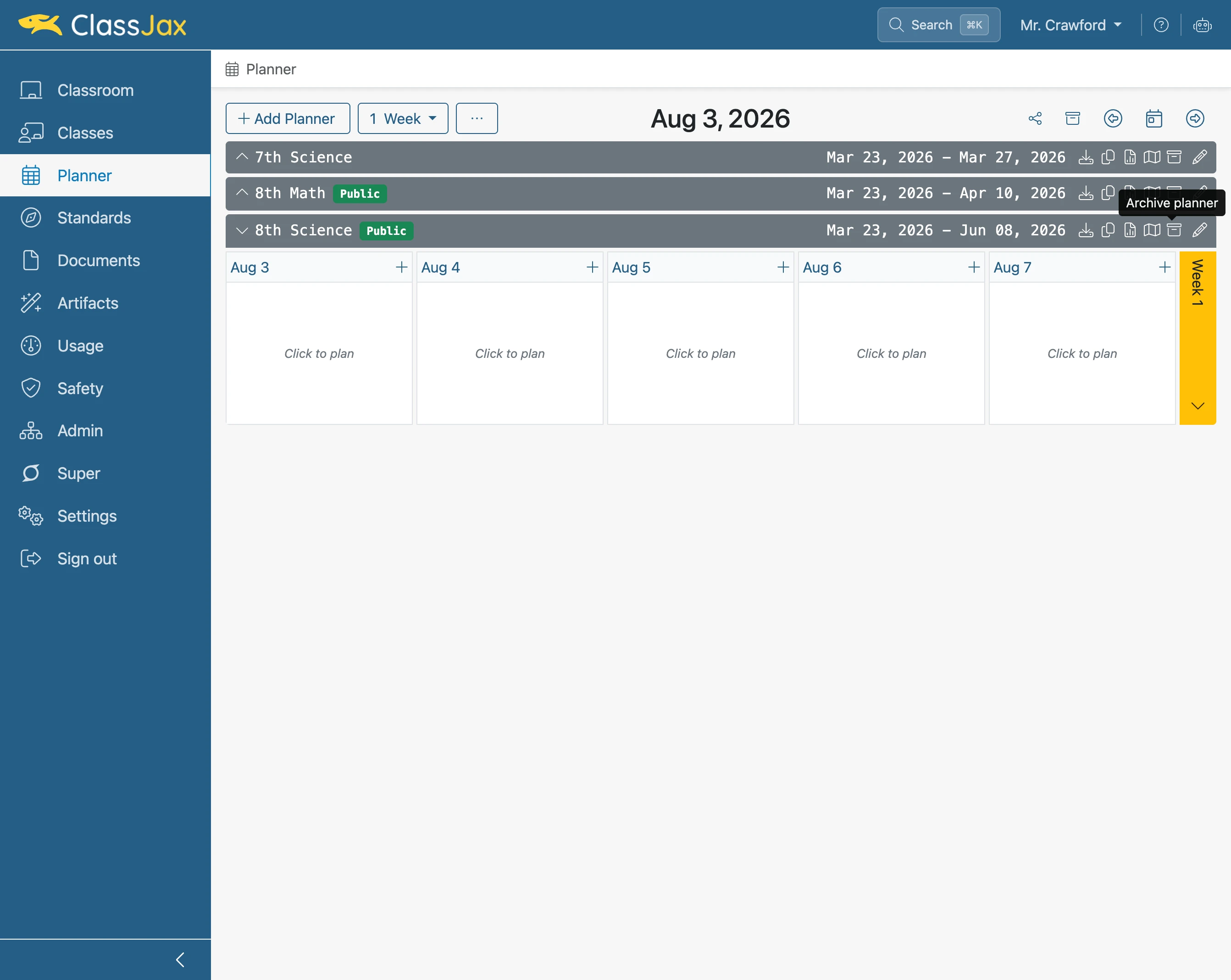 Click the 'Archive' icon of the Planner being Archived