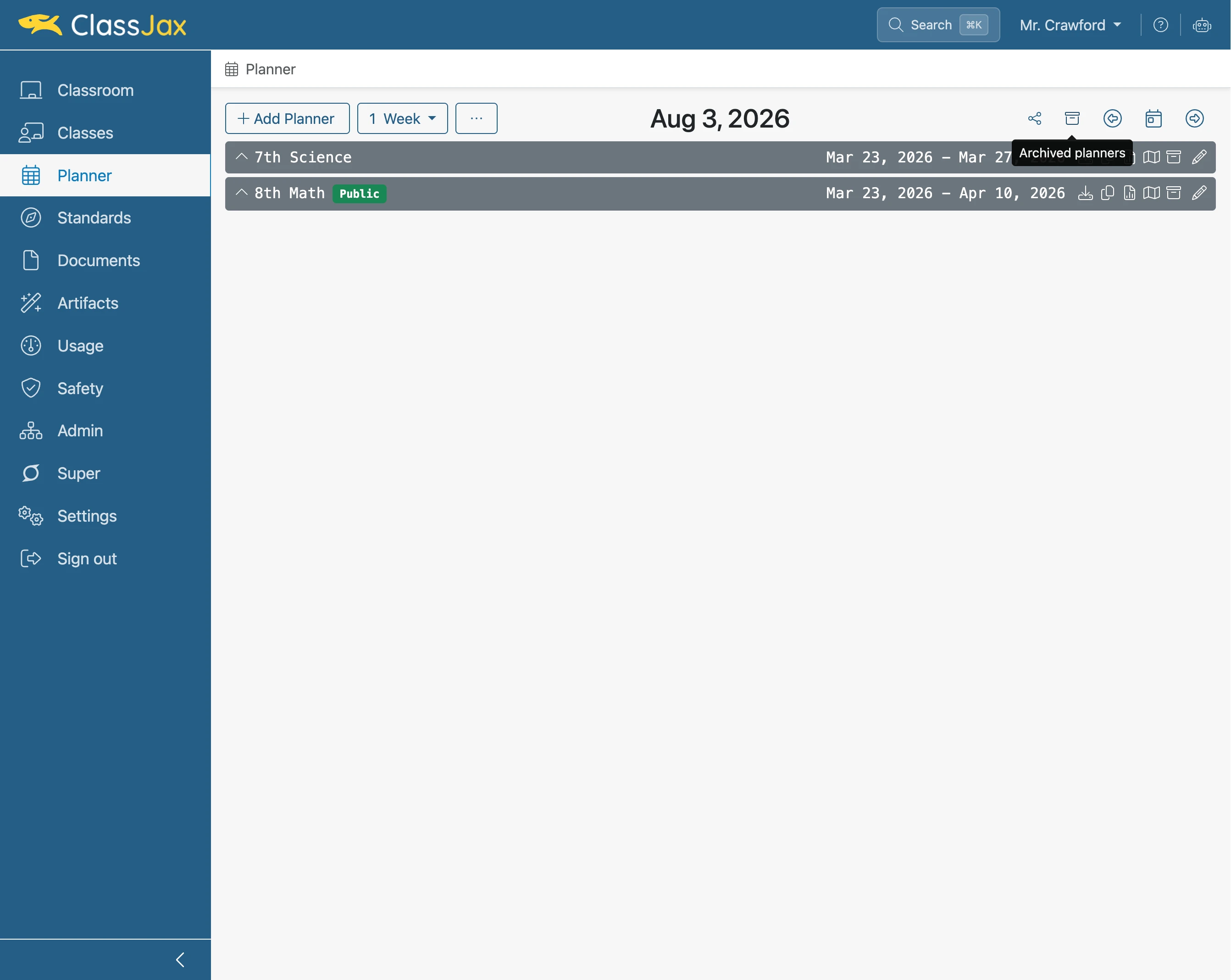 To unarchive a Planner, click the 'Archived planners' icon