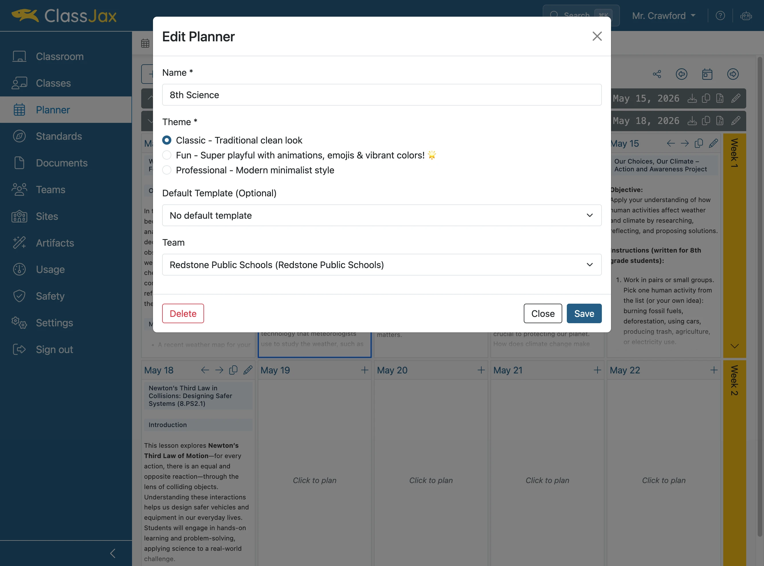 Click the 'Default Template' dropdown