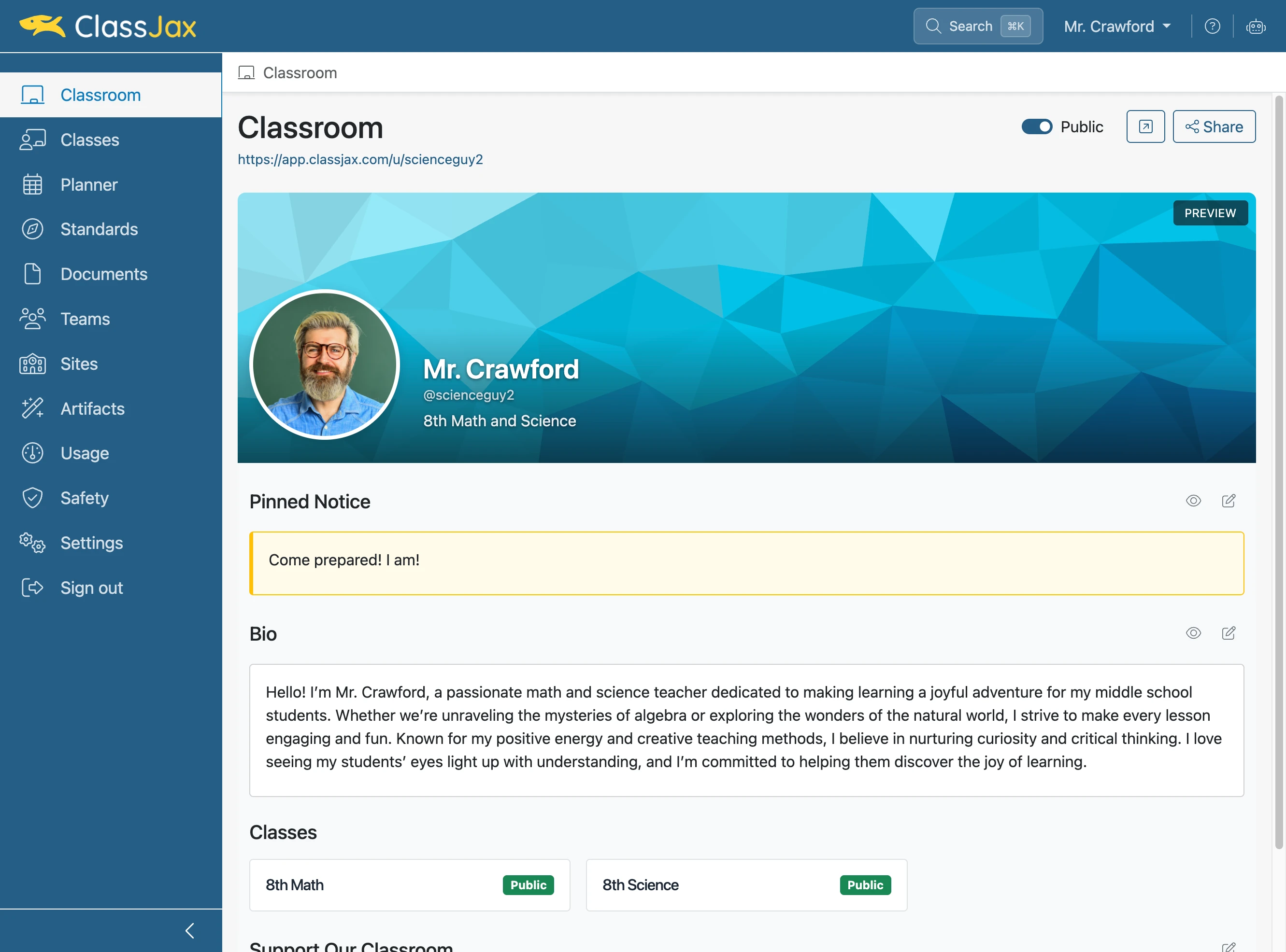 Click the 'Classroom' link