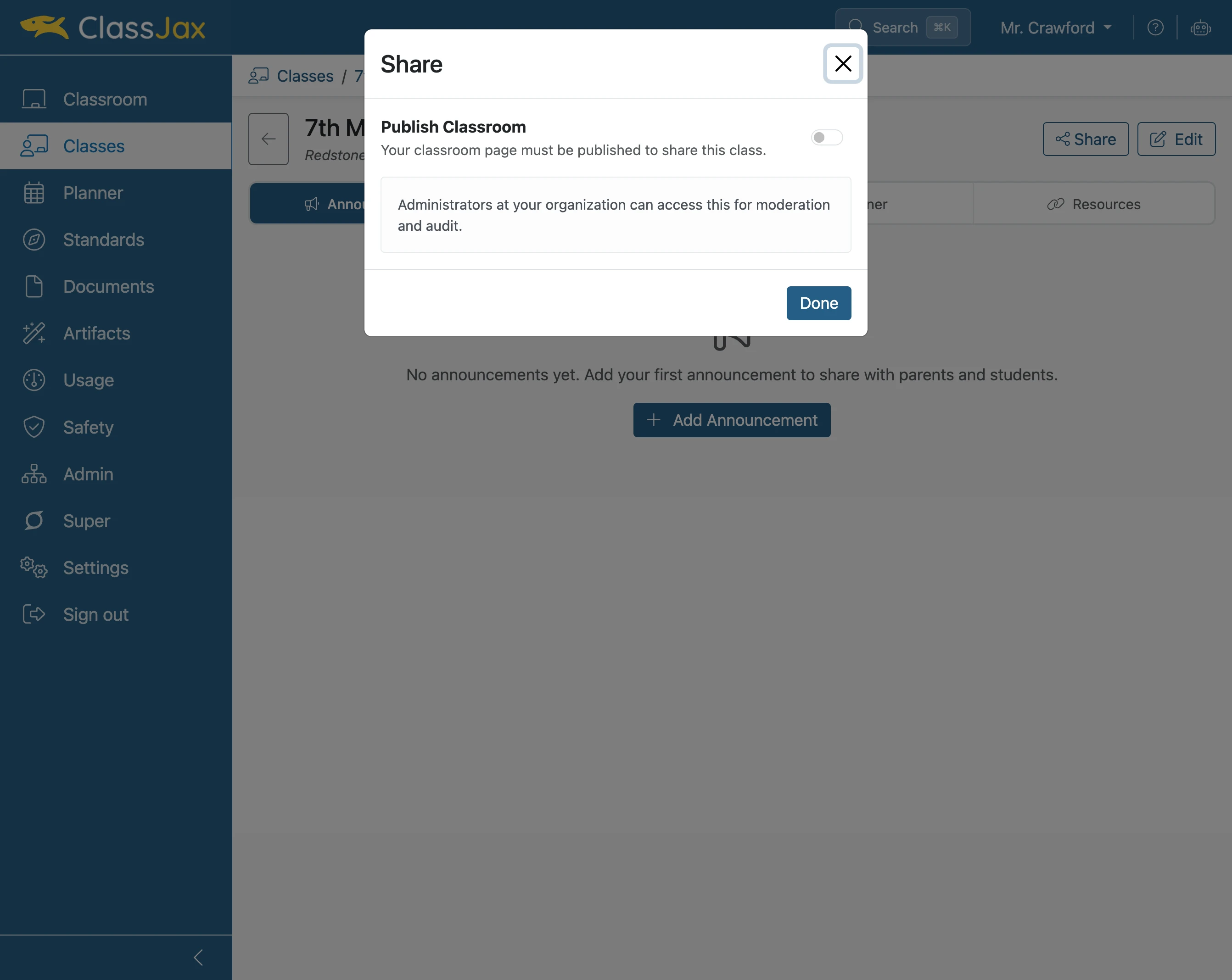 Click the 'Publish Classroom' toggle