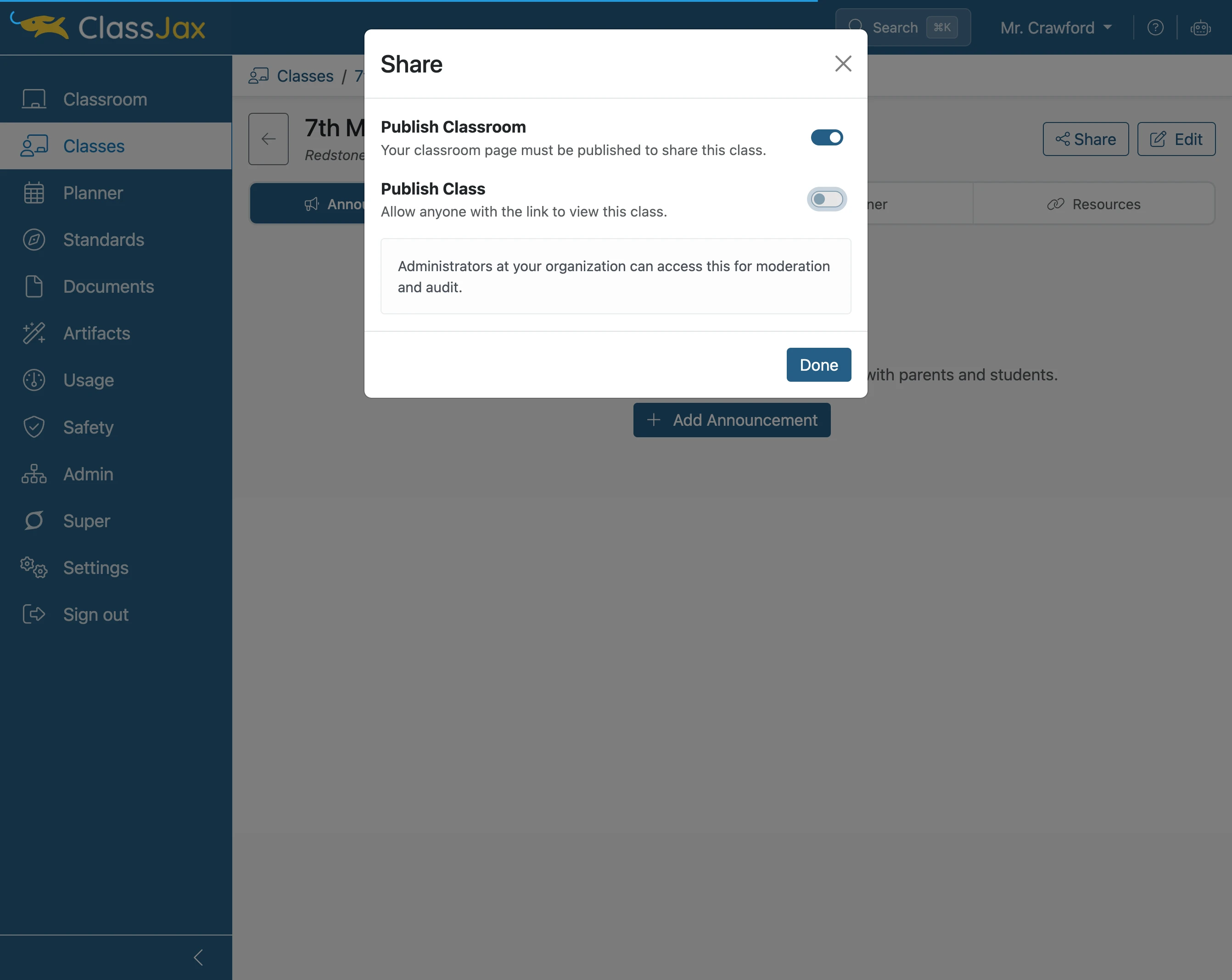 Click the 'Publish Class' toggle