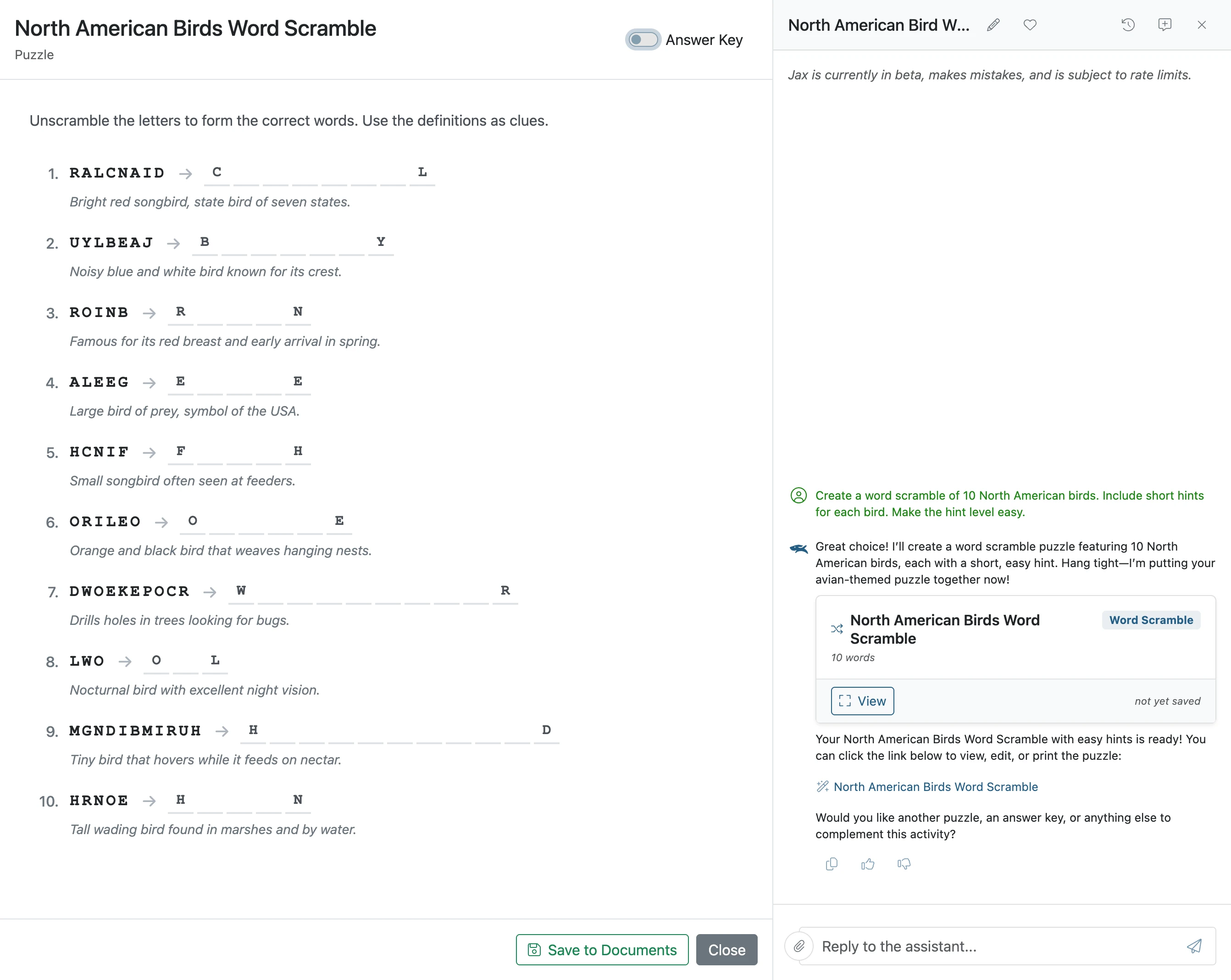 Click Answer Key slider