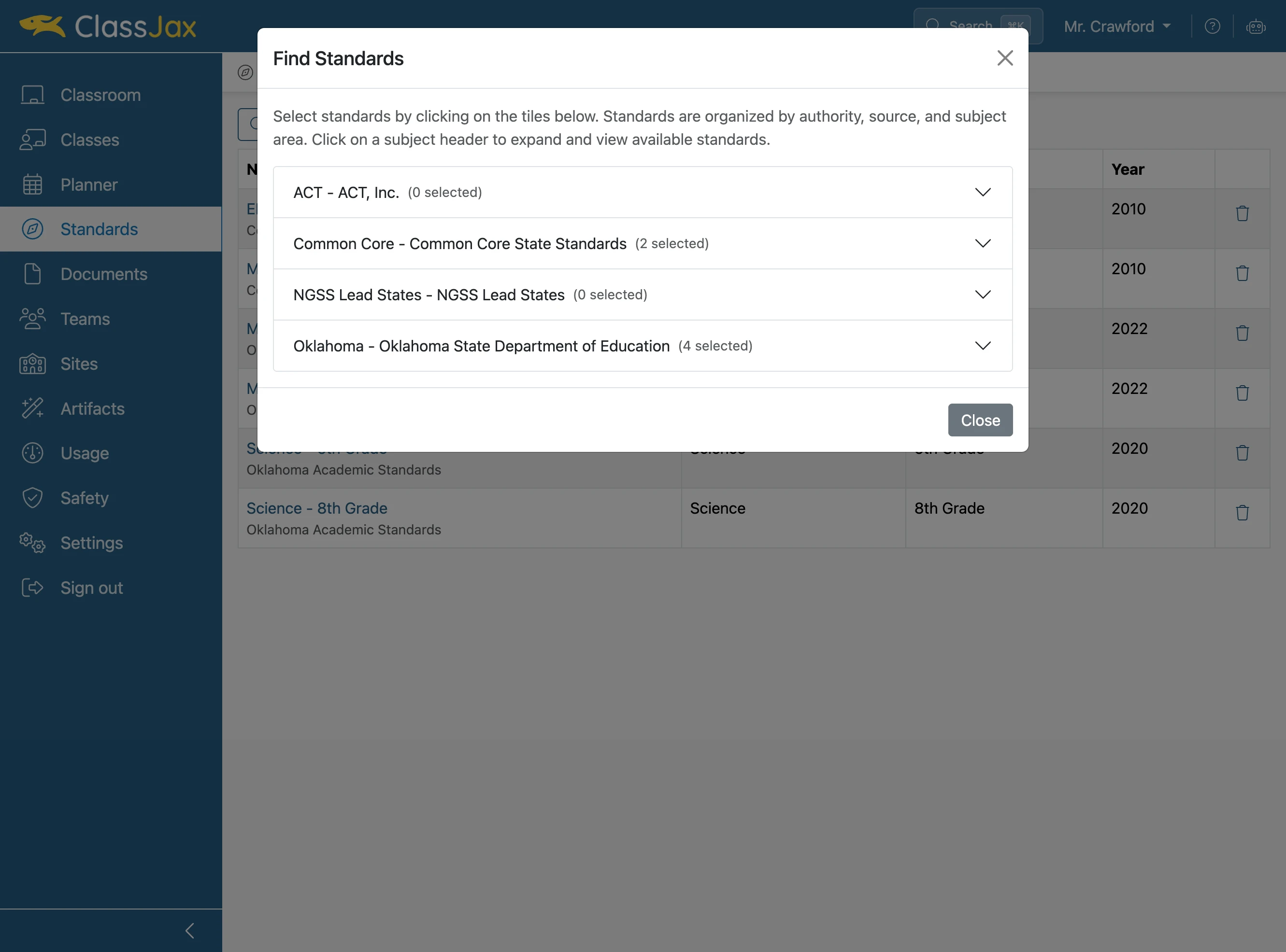 Click the state or organization of the standards