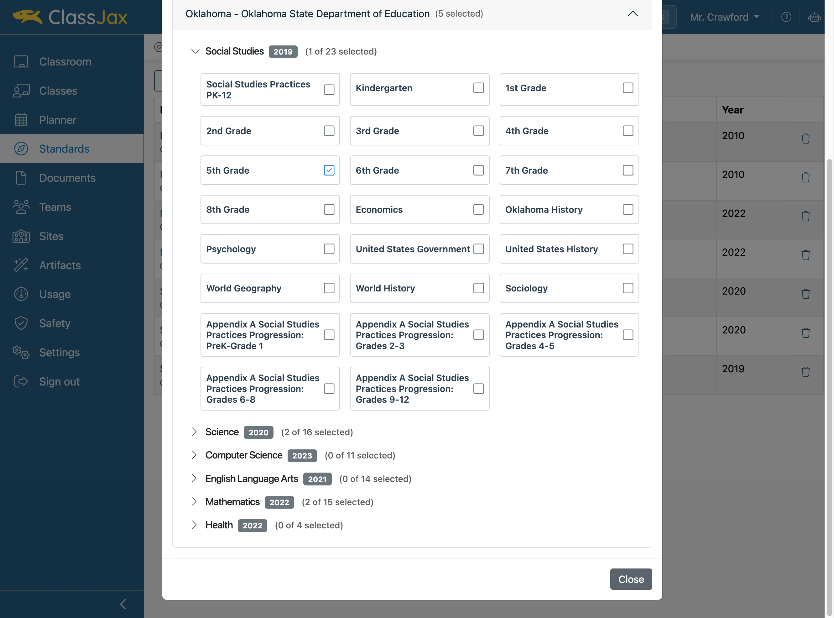 Click 'Close' once you have checked the standards