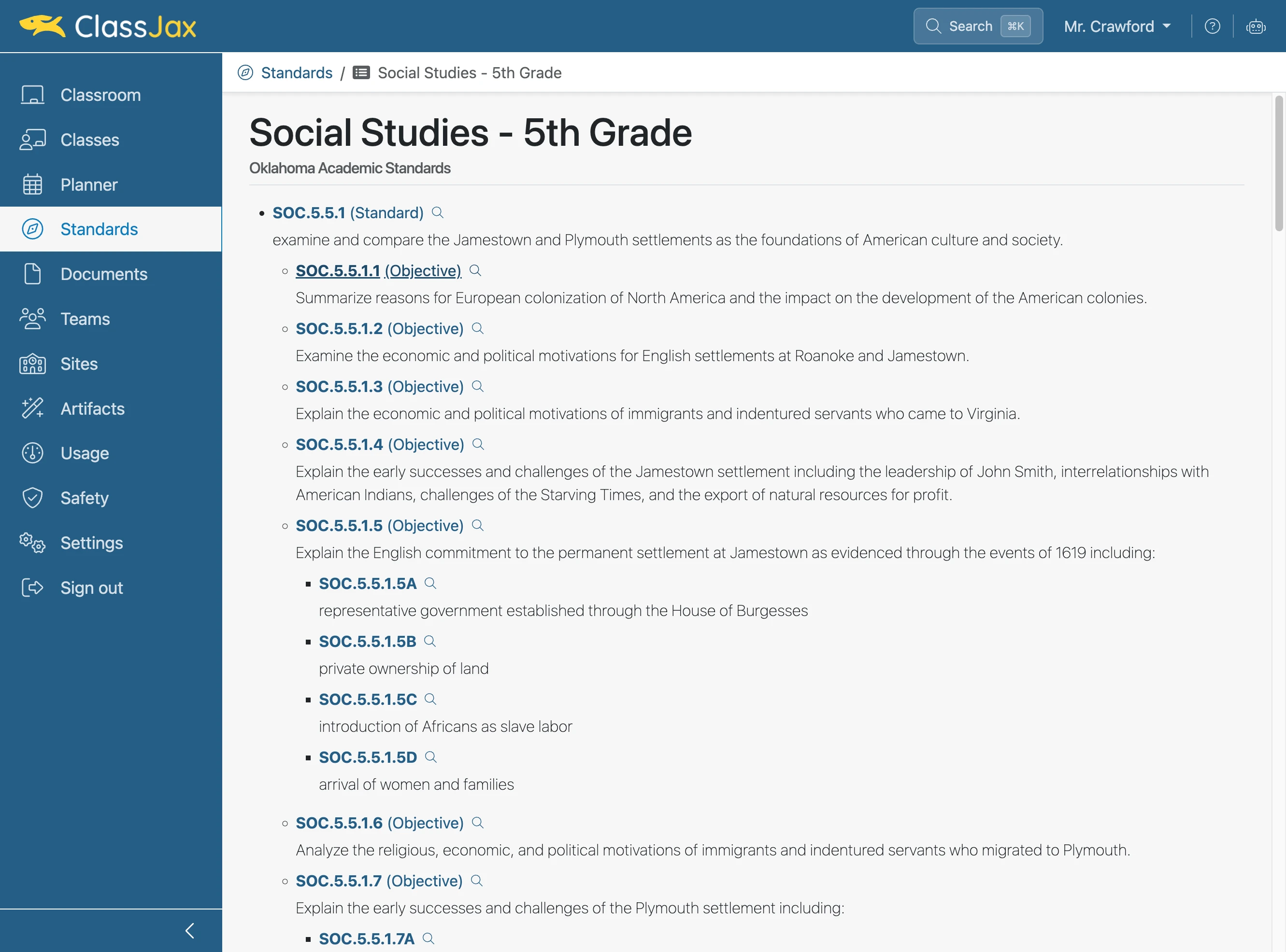 Click a standard or objective to view the details