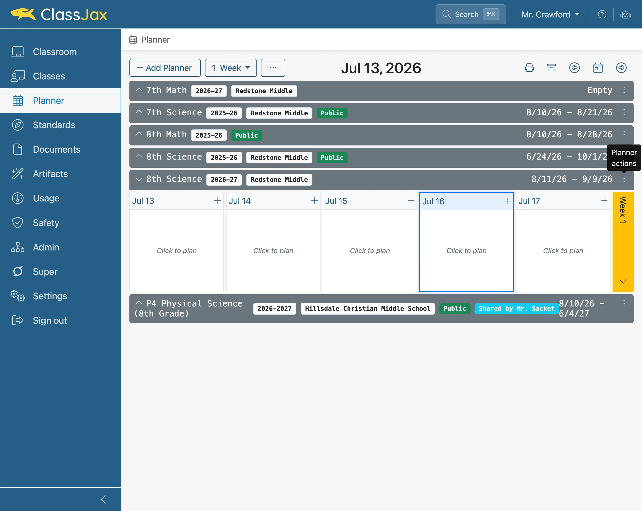 Click 'Planner actions'