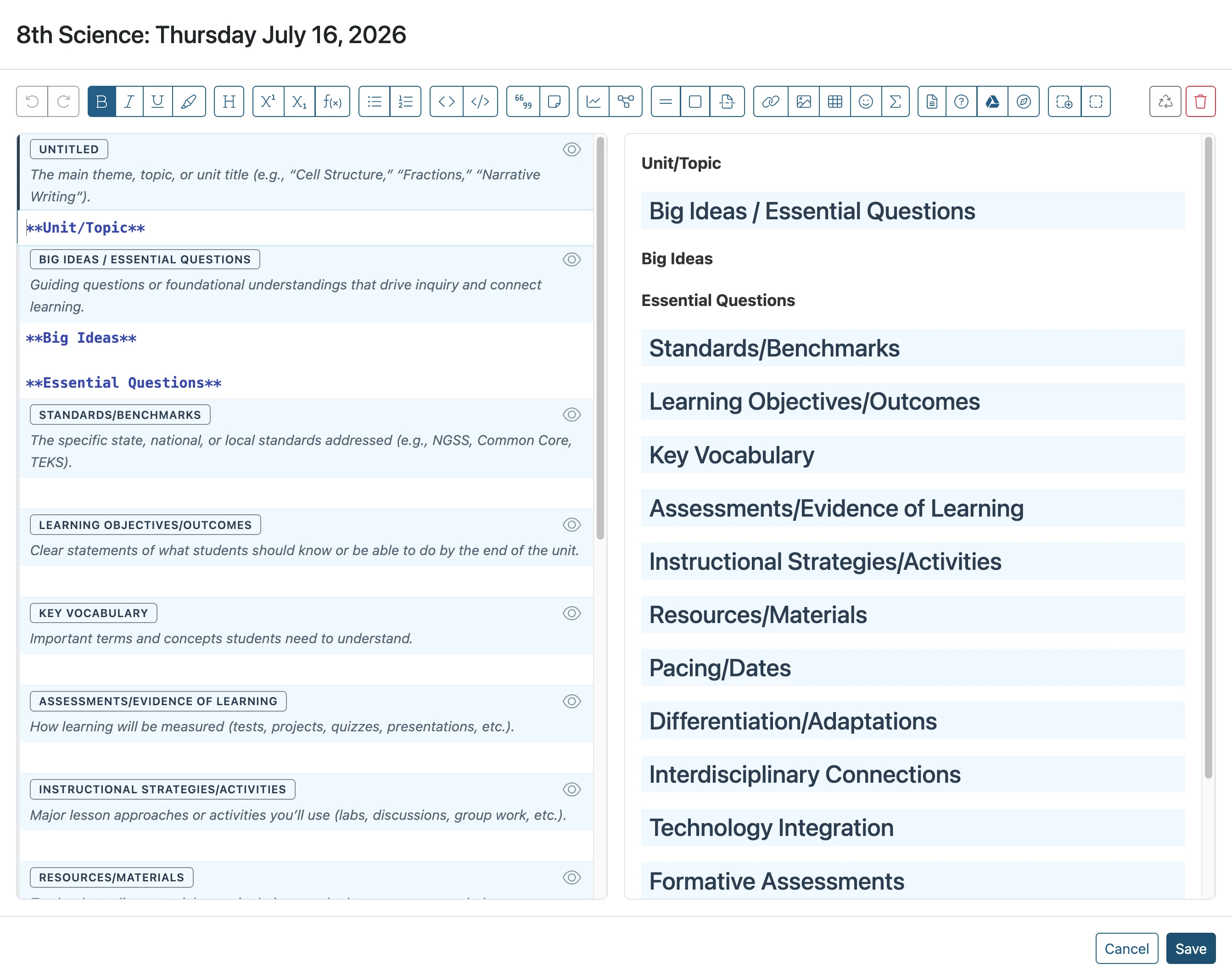 Edit view of example template