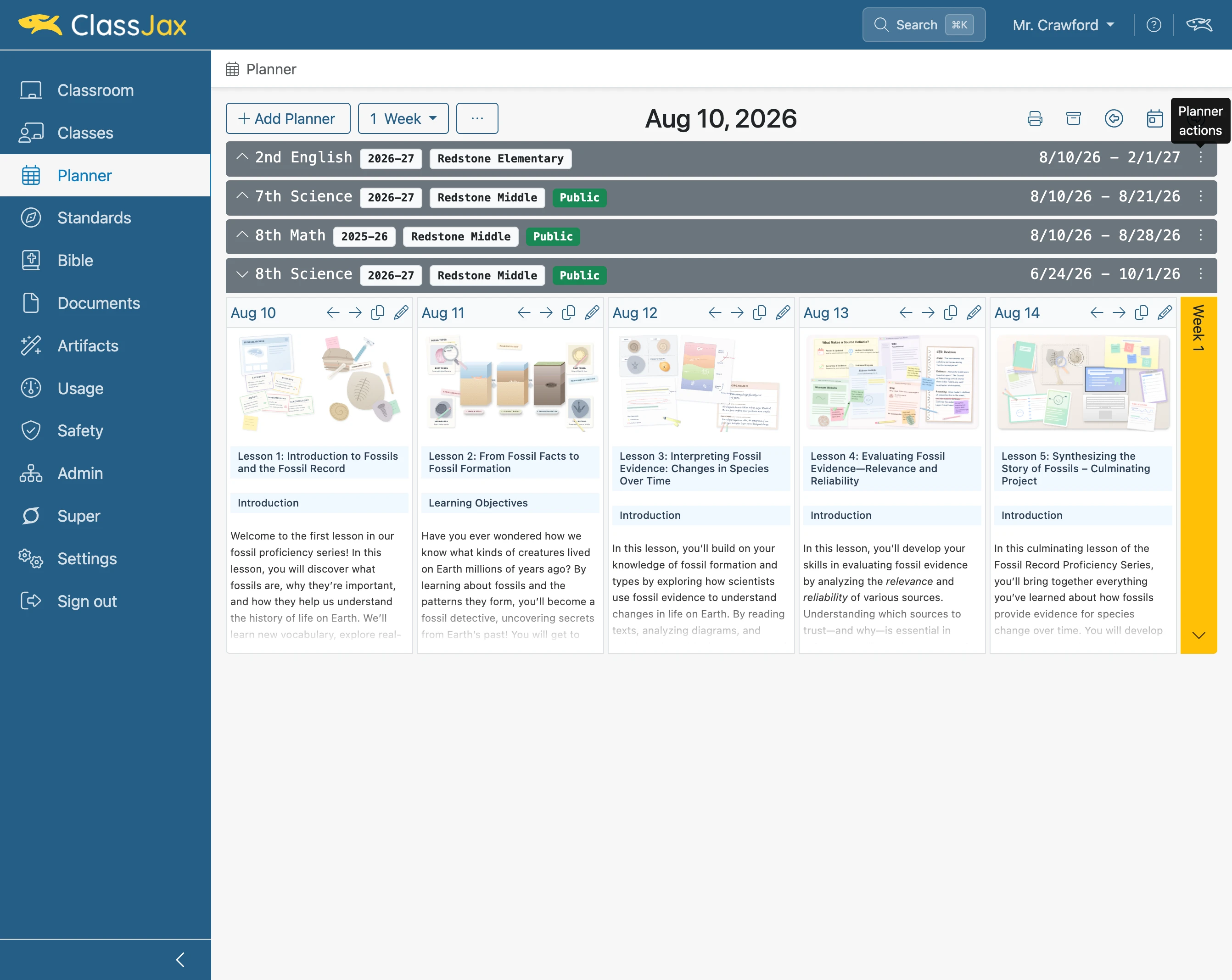 Click the 'Planner Actions' icon