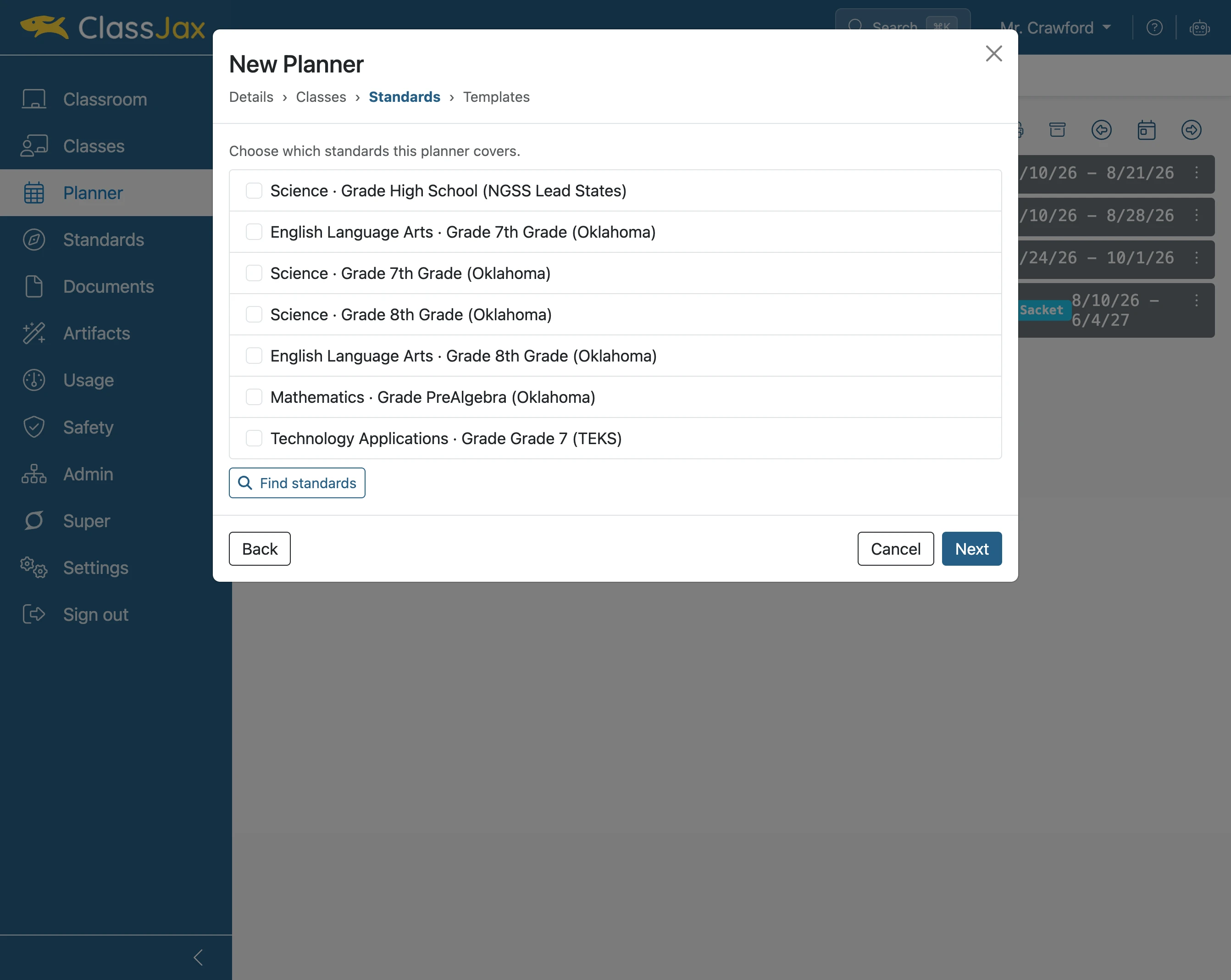 Click desired Standards