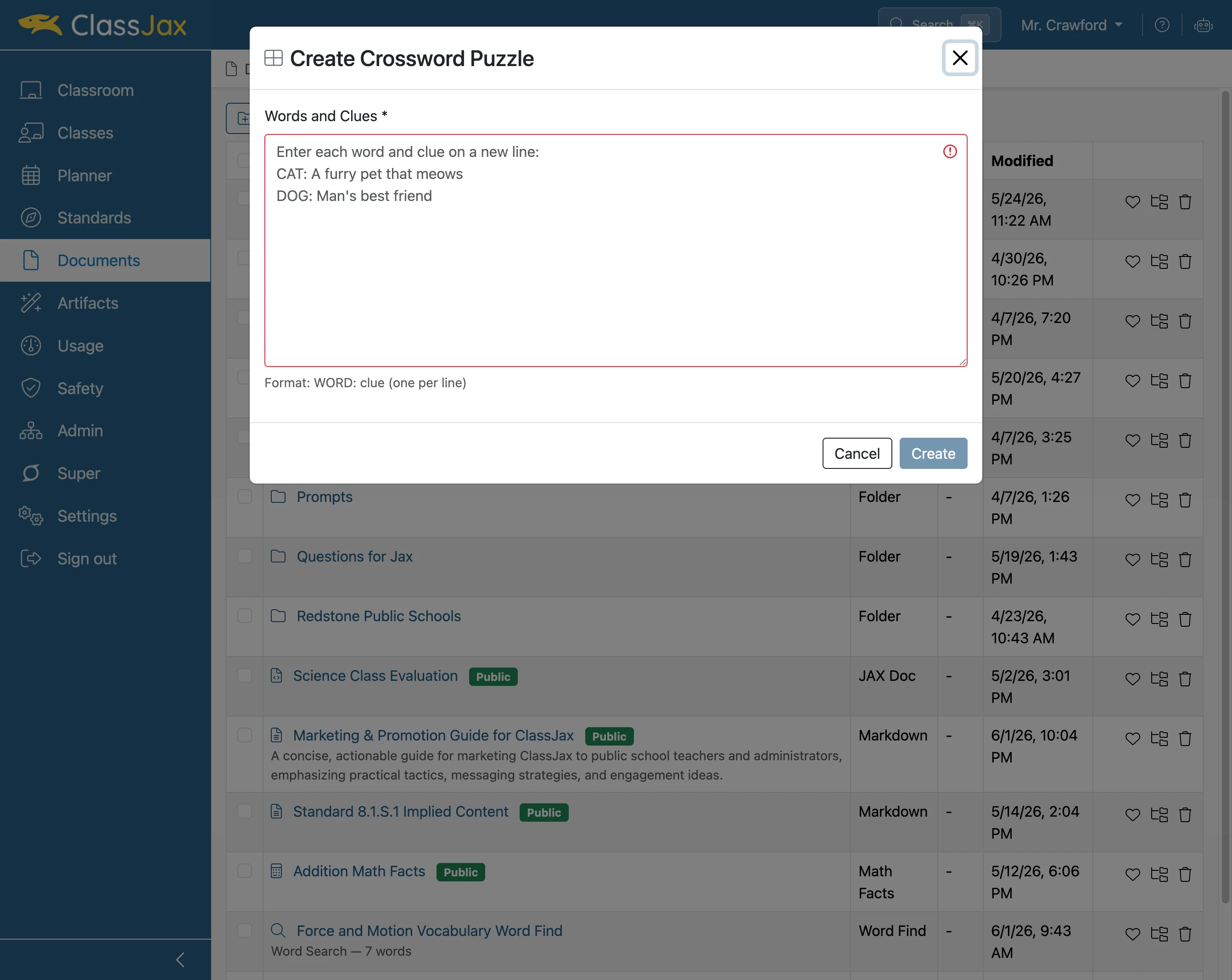 Click in the  'Words and Clues' field