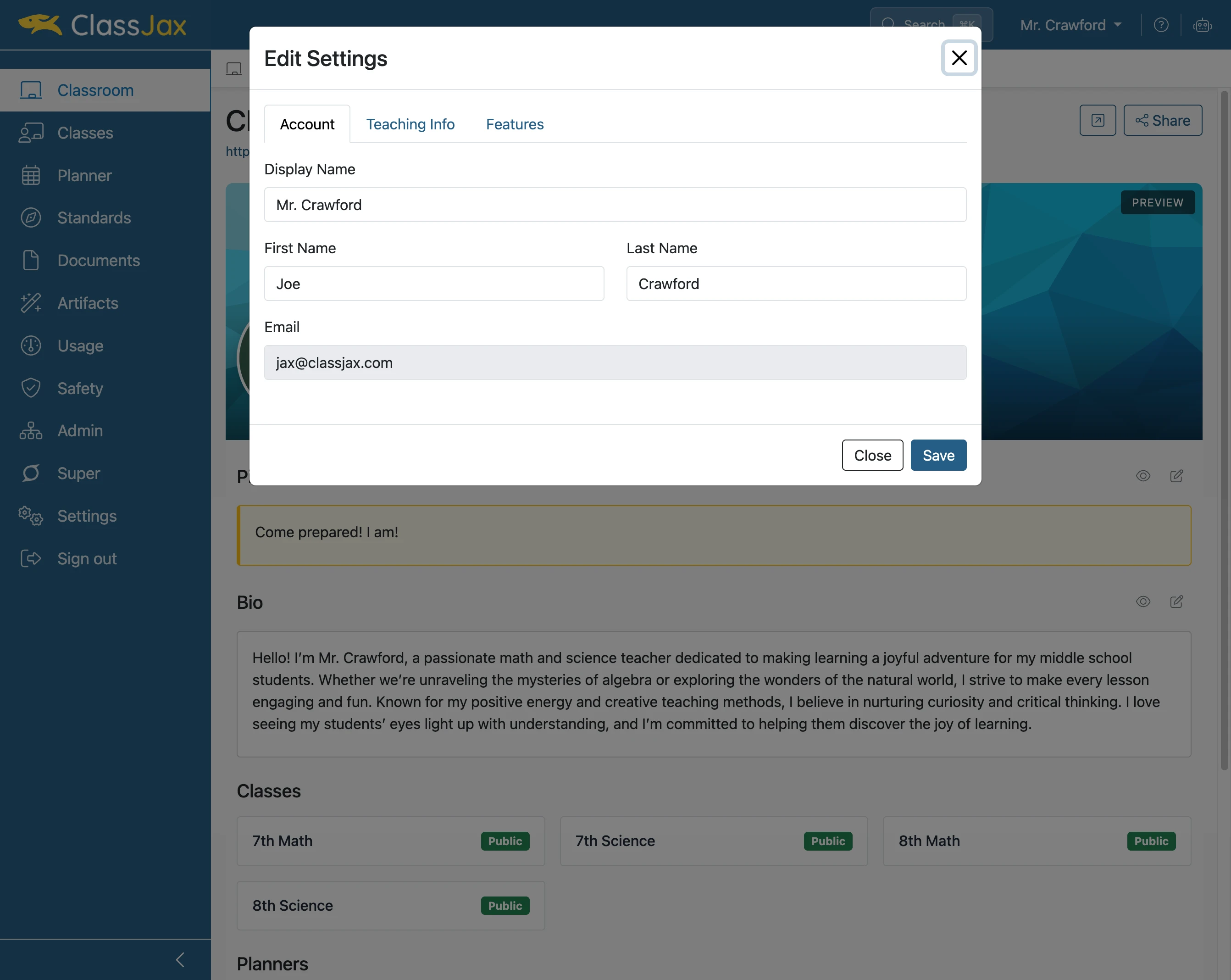 Edit 'Account' Settings